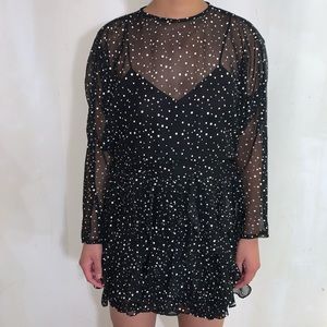 Night Way Black and White Polka Dot Ruffle Long Sleeve Dress Women’s Size 10